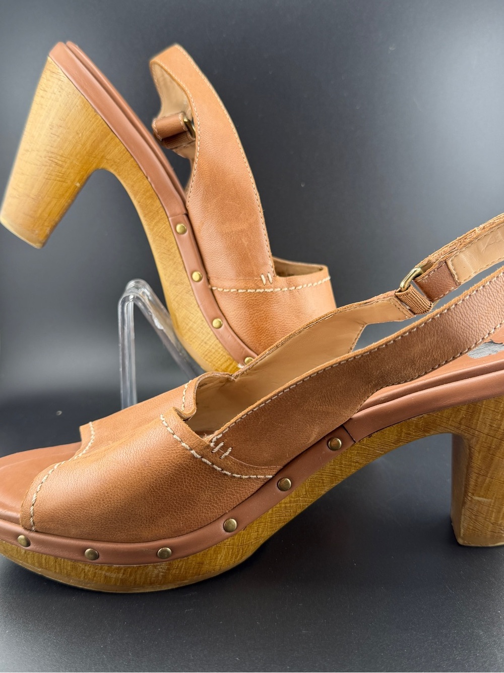 Naturalizer Vintage Boho Tan Leather Open Toe Wood Clog Slingback Heel Sandals 8